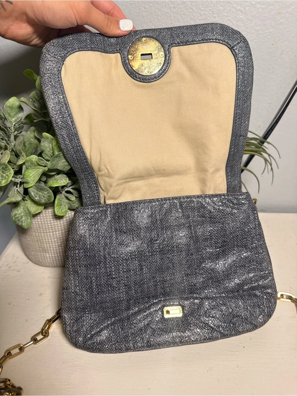 Tory Burch  Gray Crossbody with Gold Chain and turnlock